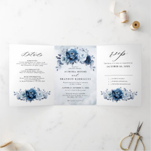 Dusty Blue Slate Navy Floral Botanical Wedding Tri Tri-Fold Announcement