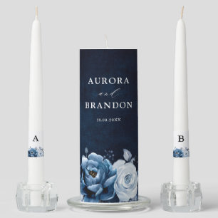 Dusty Blue Slate Navy Floral Botanical Wedding Uni Unity Candle Set