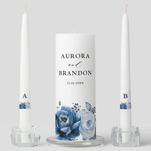 Dusty Blue Slate Navy Floral Botanical Wedding Unity Candle Set