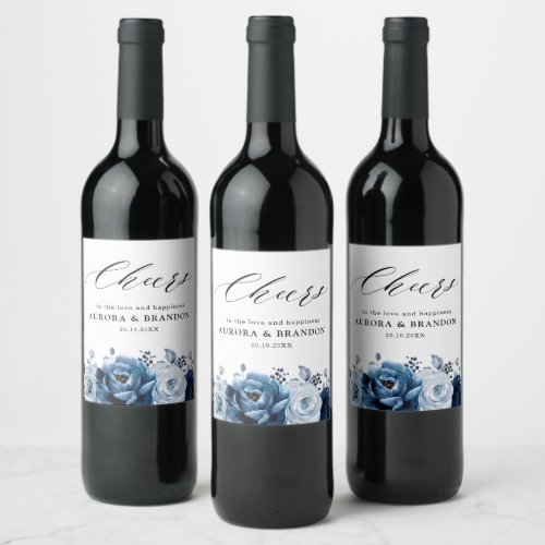 Dusty Blue Slate Navy Floral Botanical Wedding Wine Label