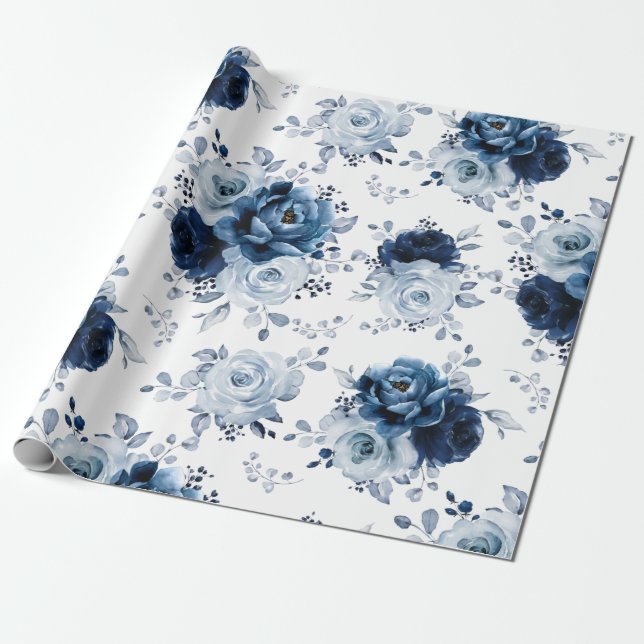 Dusty Blue Slate Navy Floral Botanical Wedding Wra Wrapping Paper (Unrolled)