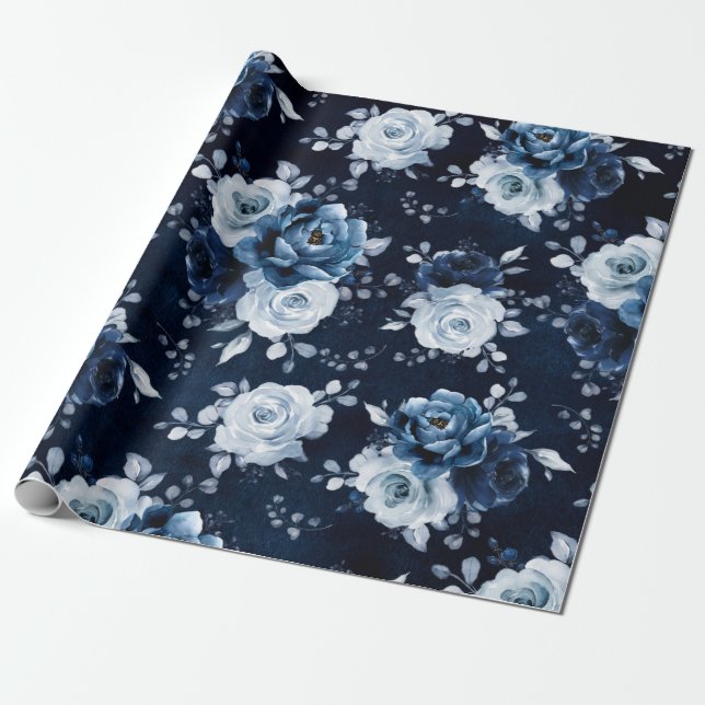 Dusty Blue Slate Navy Floral Botanical Wedding Wra Wrapping Paper (Unrolled)