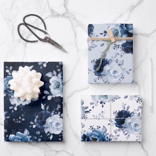 Dusty Blue Slate Navy Floral Botanical Wedding Wra Wrapping Paper Sheets