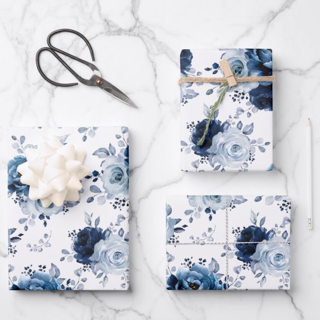 Dusty Blue Slate Navy Floral Botanical Wedding Wra Wrapping Paper Sheets (Front)