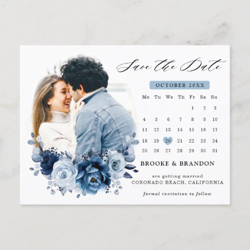 Dusty Blue Slate Navy Floral Bouquet Save the Date Postcard