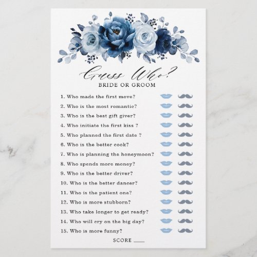 Dusty Blue Slate Navy Floral Bridal Shower Game