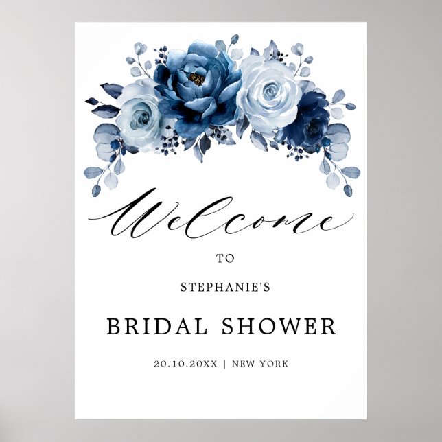 Dusty Blue Slate Navy Floral Bridal Shower Welcome Poster (Front)