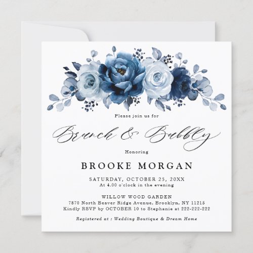 Dusty Blue Slate Navy Floral  Brunch and Bubbly Invitation