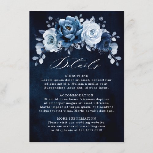 Dusty Blue Slate Navy Floral Wedding Details Enclo Enclosure Card