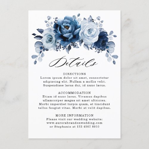 Dusty Blue Slate Navy Floral Wedding Details Enclosure Card