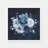Dusty Blue Slate Navy Floral Wedding Napkins