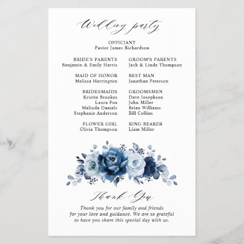 Dusty Blue Slate Navy Floral Wedding Program