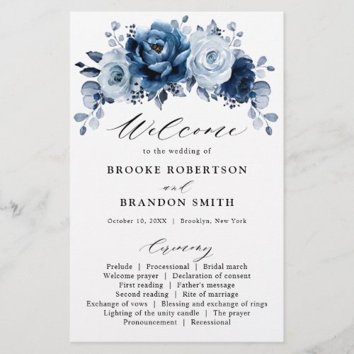 Dusty Blue Slate Navy Floral Wedding Program