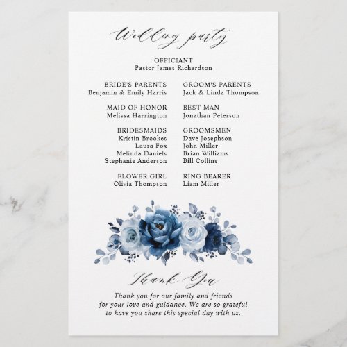 Dusty Blue Slate Navy Floral Wedding Program