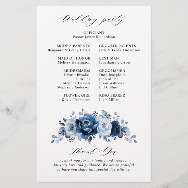 Dusty Blue Slate Navy Floral Wedding Program (Back)