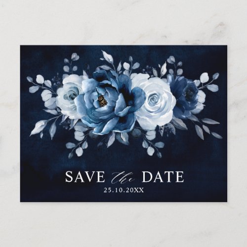 Dusty Blue Slate Navy Floral Wedding Save the Date Postcard