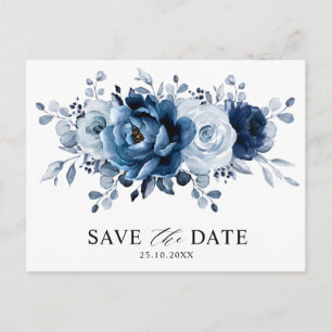 Dusty Blue Slate Navy Floral Wedding Save the Date Postcard