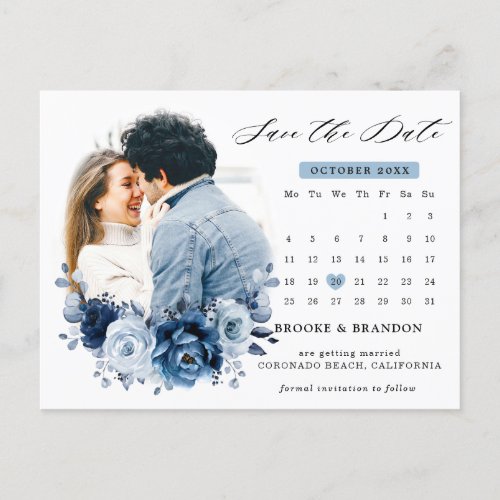 Dusty Blue Slate Navy Floral Wedding Save the Date Postcard