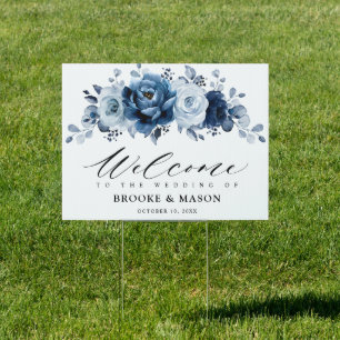 Dusty Blue Slate Navy Floral Wedding Welcome Sign