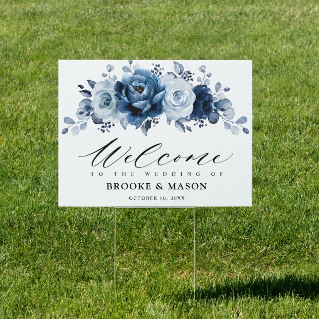 Dusty Blue Slate Navy Floral Wedding Welcome Sign (Insitu)