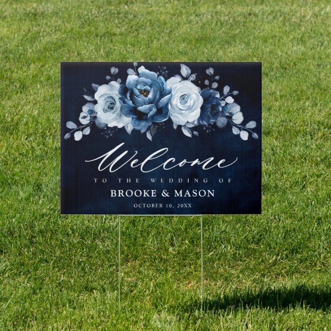Dusty Blue Slate Navy Floral Wedding Welcome Sign (Insitu)