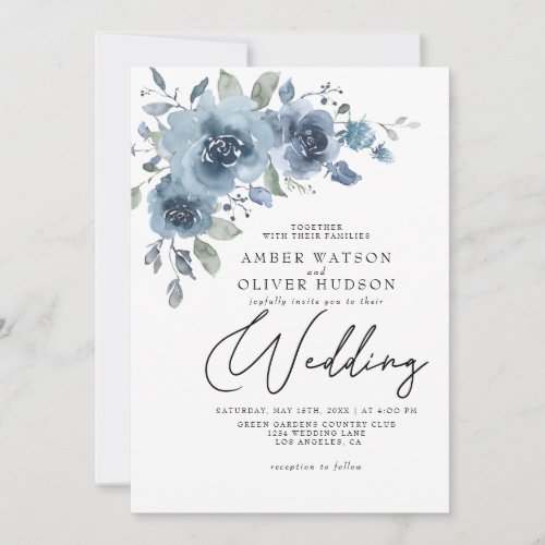Dusty Blue Slate Pastel Light Floral Boho Wedding Invitation