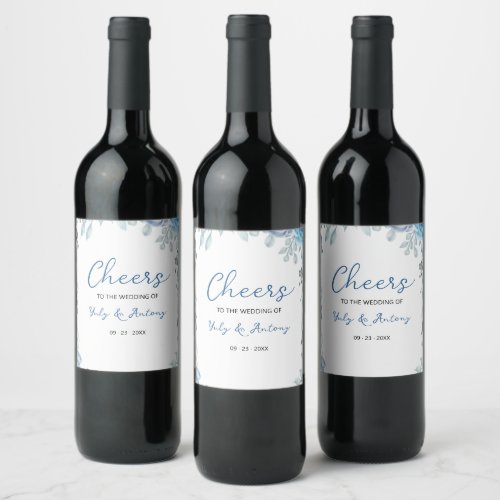Dusty Blue Slate Watercolor Floral Bottle Wine Label