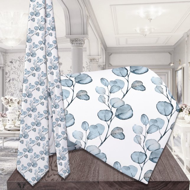 Dusty Blue Small Eucalyptus Sprigs Wedding Neck Tie (Creator Uploaded)