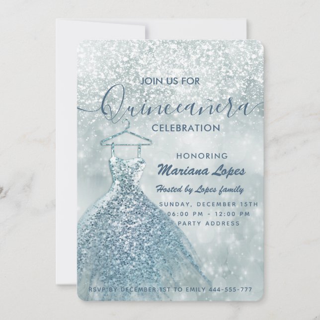 Dusty blue snow winter wonderland Quinceañera Invi Invitation (Front)