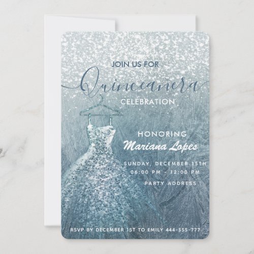 Dusty blue snow winter wonderland Quinceaera Invitation