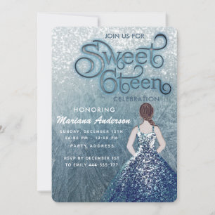 Dusty blue snow winter wonderland sweet 16 invitation