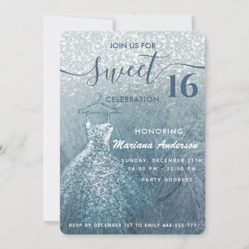 Dusty blue snow winter wonderland sweet 16 invitation