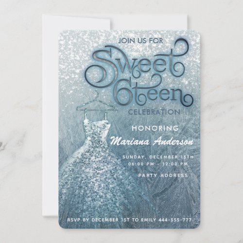 Dusty blue snow winter wonderland sweet 16 invitation