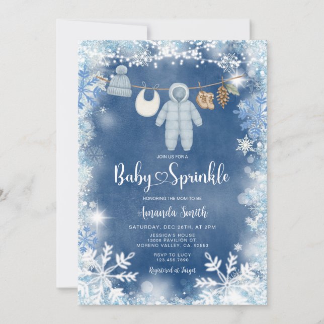 Dusty Blue Snowflake Boy Clothesline Baby Sprinkle Invitation (Front)