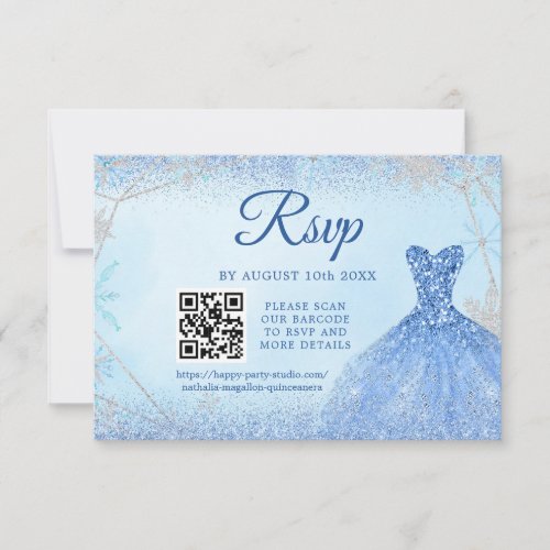 Dusty Blue Snowflake Christmas Quinceaera 15th QR RSVP Card