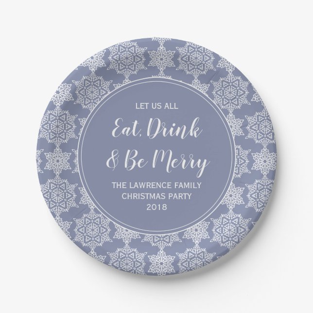 Dusty Blue Snowflake Eat Drink Christmas Party Paper Plates (Front)