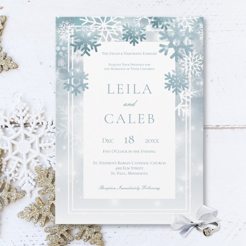 Dusty Blue Snowflake Modern Wedding Invitation