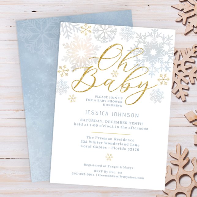 Dusty Blue Snowflake Oh Baby Shower Invite (Oh Baby Winter Wonderland Baby Shower Invitation - Dusty Blue & Glitter Gold)