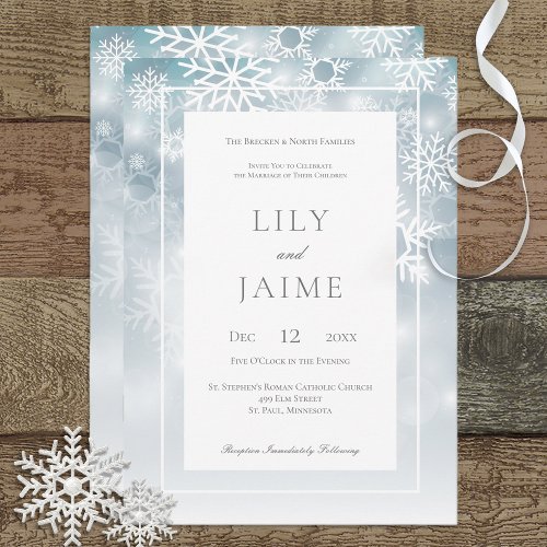 Dusty Blue Snowflake Sky Modern Wedding Invitation