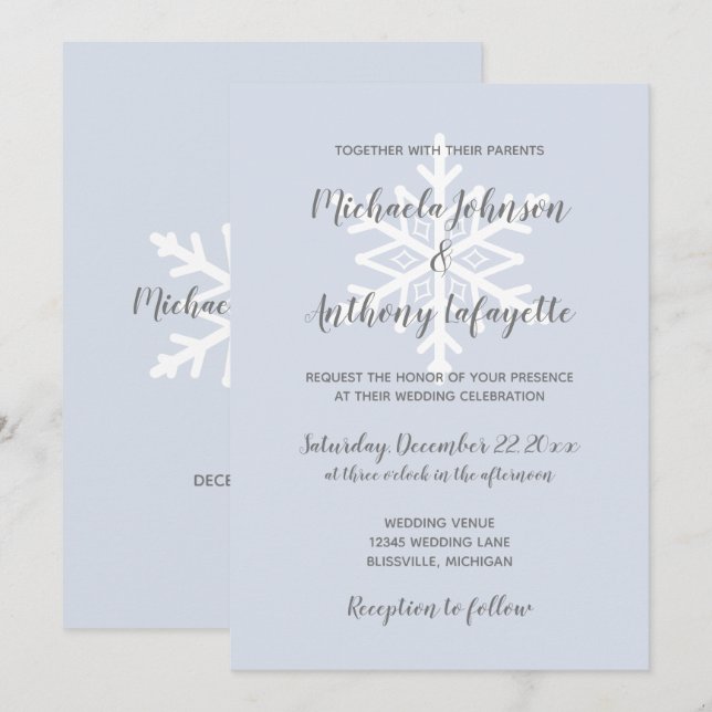 Dusty Blue Snowflake Winter Wedding Invitation (Front/Back)