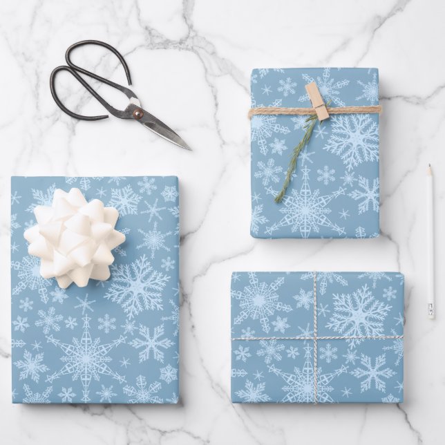 Dusty Blue Snowflakes Winter Holidays Christmas Wrapping Paper Sheets (Front)