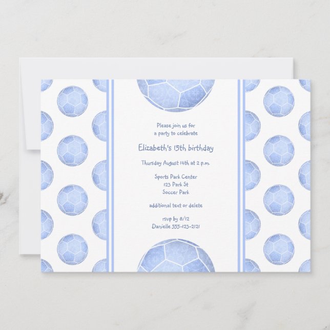 dusty blue soccer balls pattern girly birthday invitation (Front)
