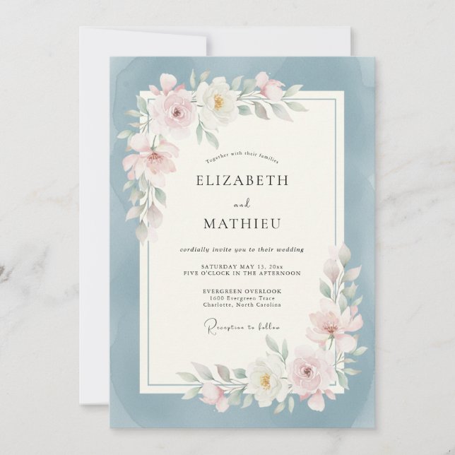 Dusty Blue Soft Blossom Arch Wedding Invitation (Front)
