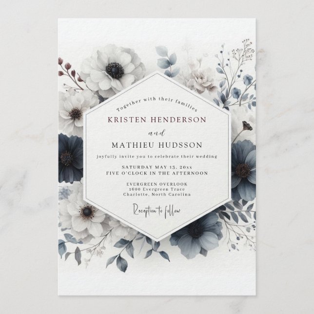 Dusty Blue Somber Botanical Wedding Invitation (Front)