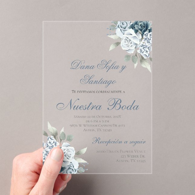 Dusty Blue Spanish Wedding Acrylic invitation (Insitu (Handheld))