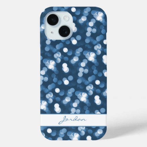 Dusty Blue Sparkle Lights w Name Girly Glam iPhone 15 Case