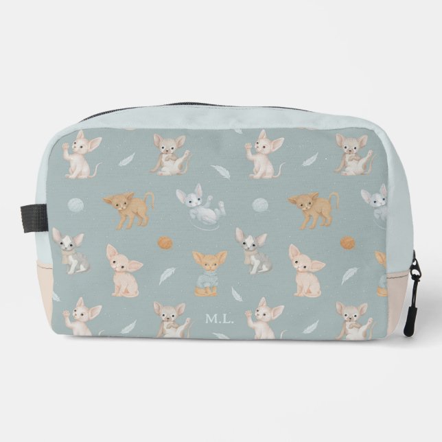 Dusty Blue Sphynx Cat Pattern Custom Monogram Kids Dopp Kit (Front)
