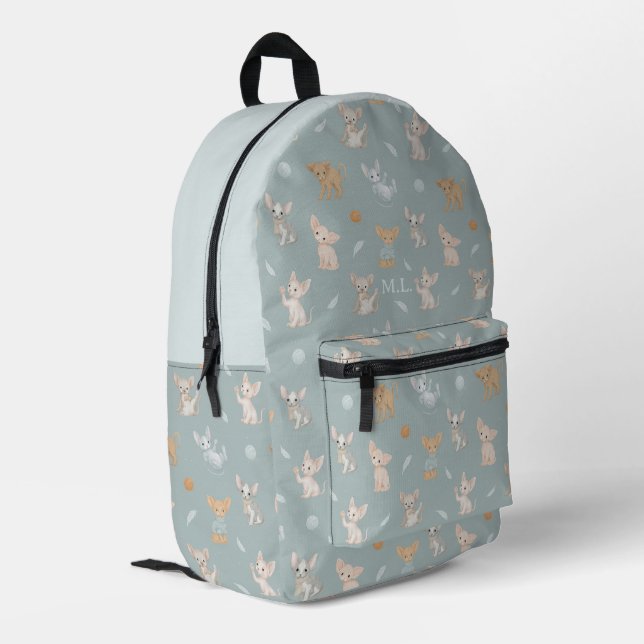 Dusty Blue Sphynx Cat Pattern Custom Monogram Kids Printed Backpack (Back Corner Left)