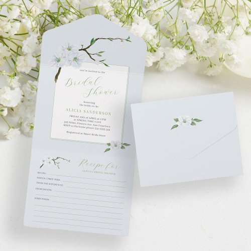 Dusty blue spring floral bridal shower with recipe all in one invitation