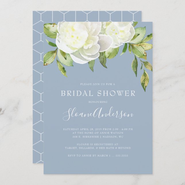 Dusty Blue Spring Floral Peony Bridal Shower Invitation (Front/Back)